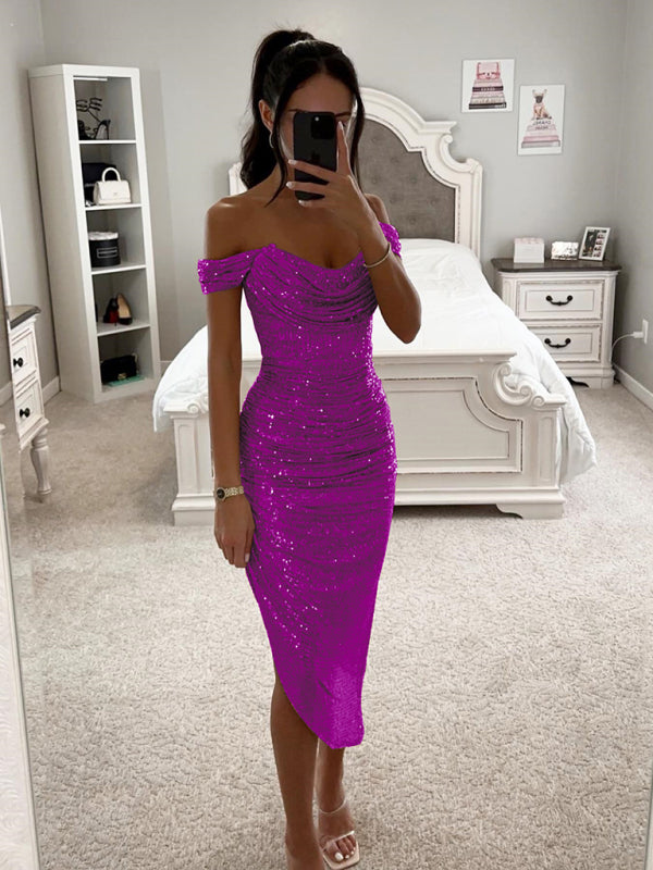 Sequin Bodycon Party Dress with Off-Shoulder Neckline and Asymmetrical Hemline Midi Dresses MyDresses 