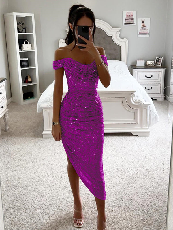 Sequin Bodycon Party Dress with Off-Shoulder Neckline and Asymmetrical Hemline Midi Dresses MyDresses Purple 8 | S 