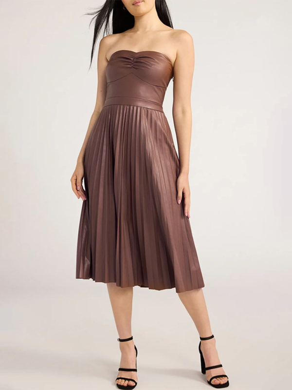 Tube Top Leather Midi Dress with Pleated Skirt and Ruched Bodice Group4 MyDresses Brown 8 | S