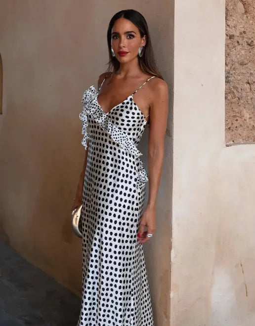 Polka Dot Maxi Dress with Floral Embellishment and Ruffle Detail Group10 MyDresses
