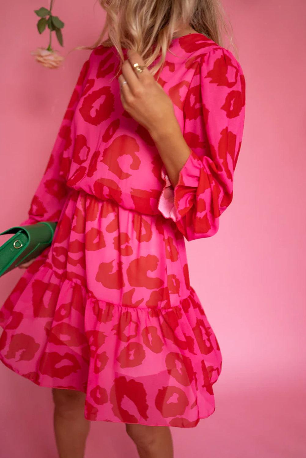 Leopard Print Flounce Sleeve Ruffle Dress Mini Dresses MyDresses Pink 8 | S 