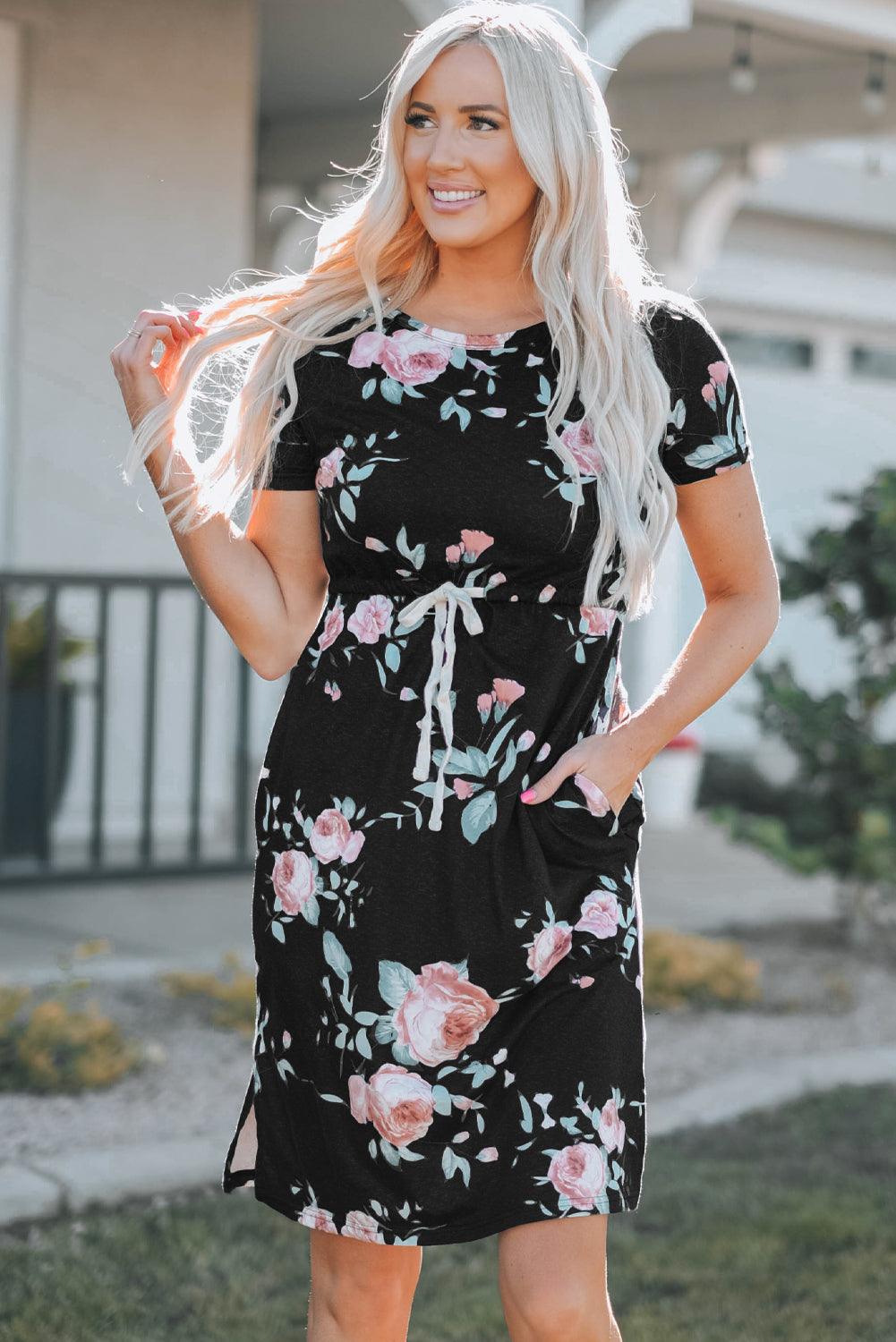 Leopard Print Drawstring Short Sleeve Dress Midi Dresses MyDresses 
