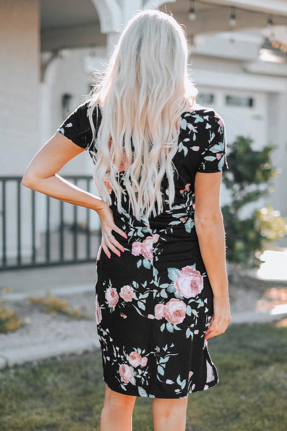 Leopard Print Drawstring Short Sleeve Dress Midi Dresses MyDresses 