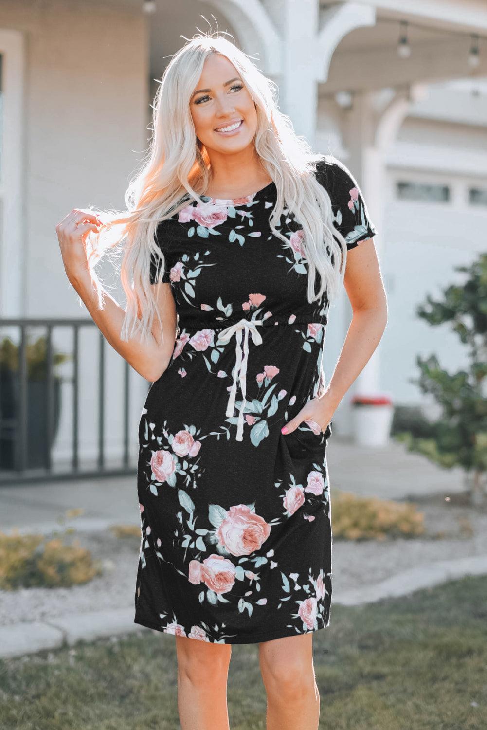 Leopard Print Drawstring Short Sleeve Dress Midi Dresses MyDresses 