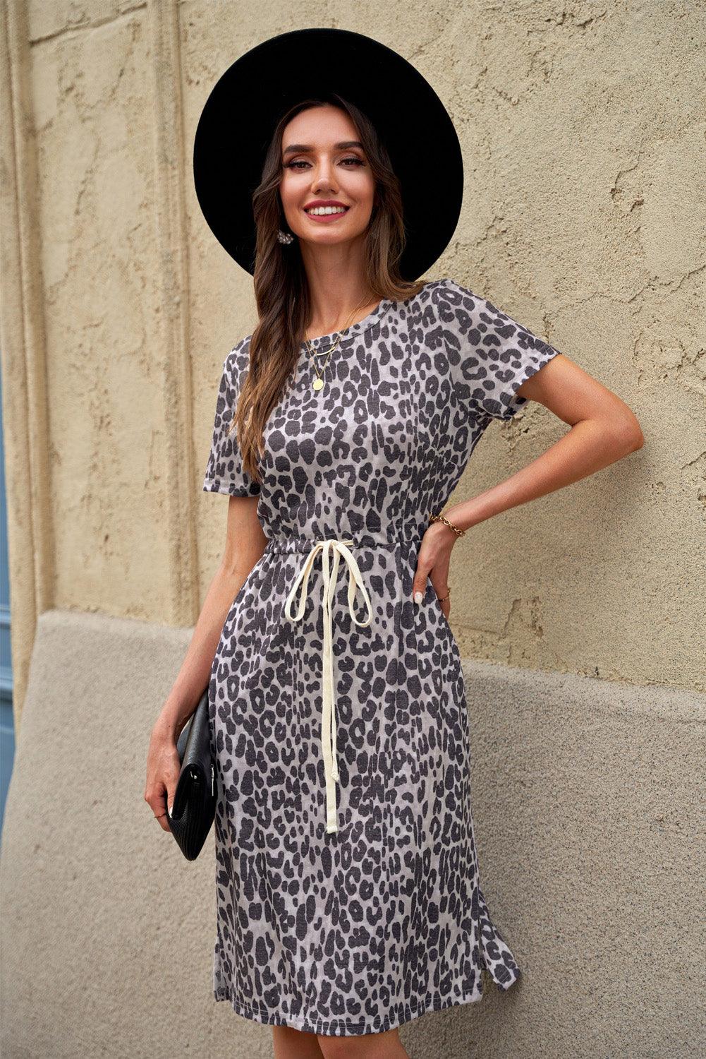 Leopard Print Drawstring Short Sleeve Dress Midi Dresses MyDresses Leopard 8 | S 