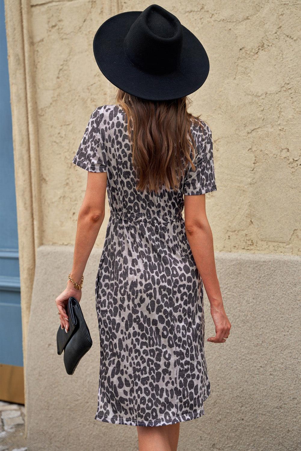 Leopard Print Drawstring Short Sleeve Dress Midi Dresses MyDresses 