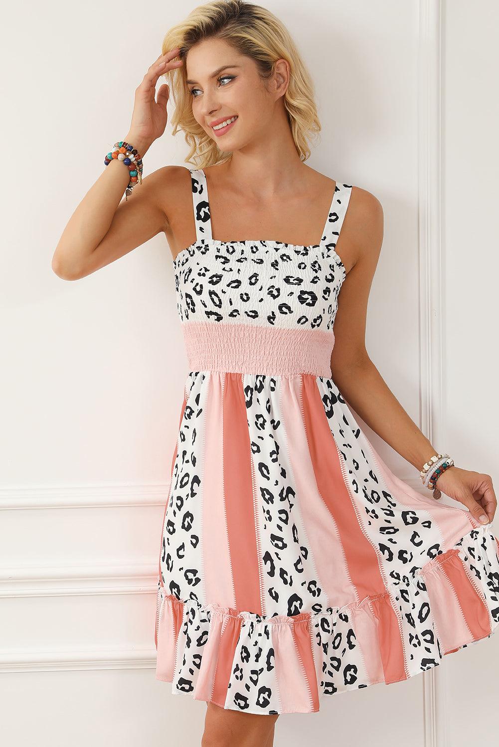 Leopard Print Smocked Fit & Flare Dress Mini Dresses MyDresses 