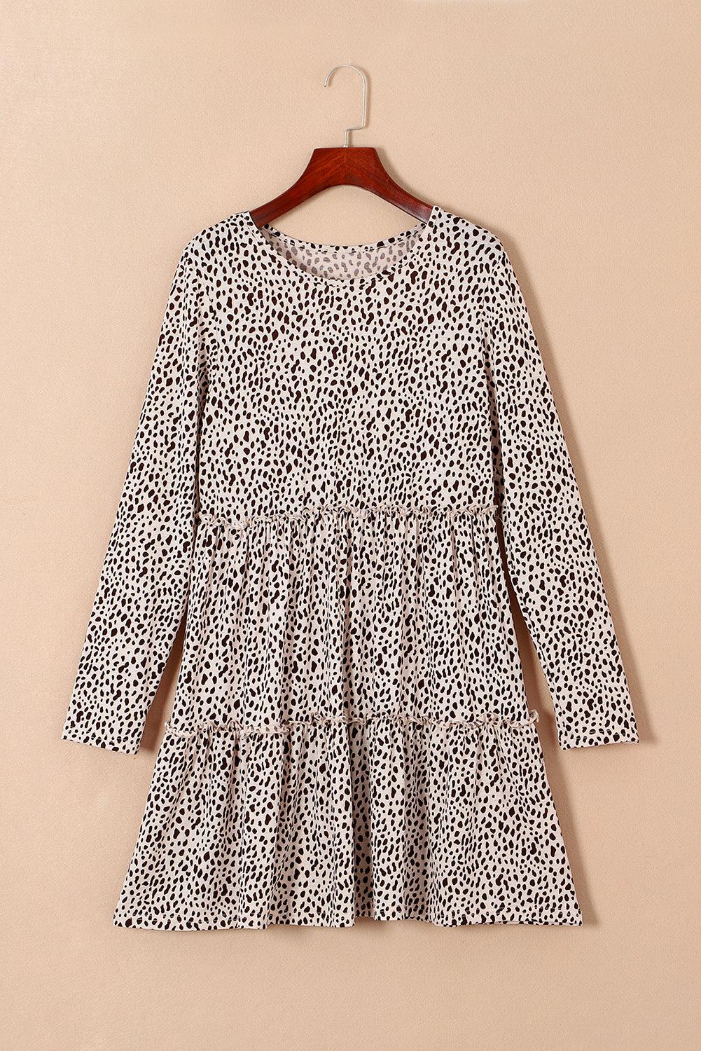 Leopard Print Tiered Long Sleeve Mini Dress Mini Dresses MyDresses 