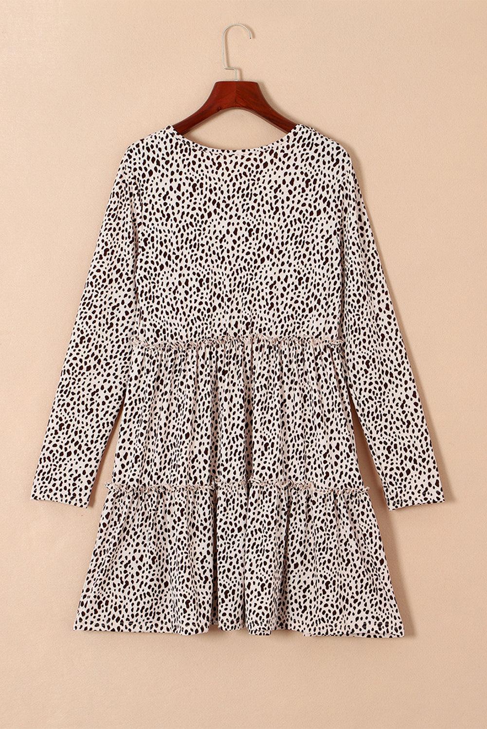 Leopard Print Tiered Long Sleeve Mini Dress Mini Dresses MyDresses 