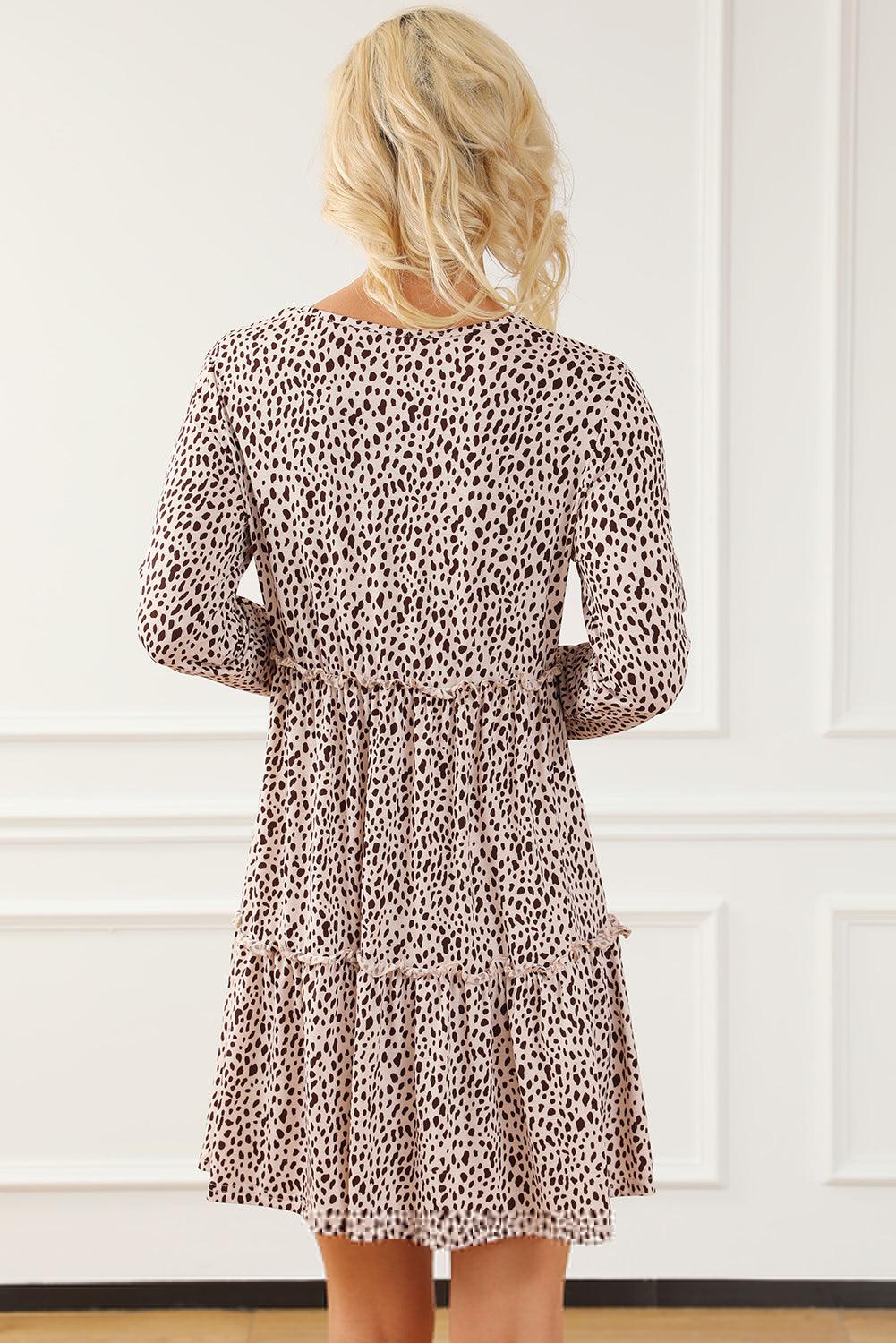 Leopard Print Tiered Long Sleeve Mini Dress Mini Dresses MyDresses 