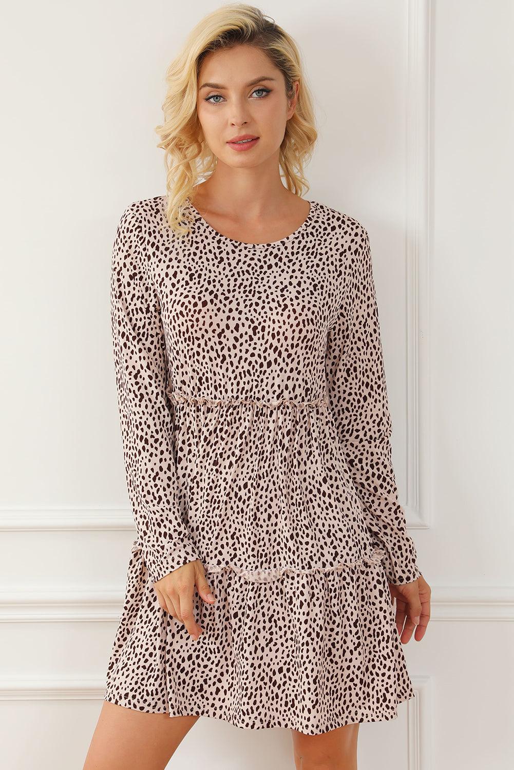 Leopard Print Tiered Long Sleeve Mini Dress Mini Dresses MyDresses 