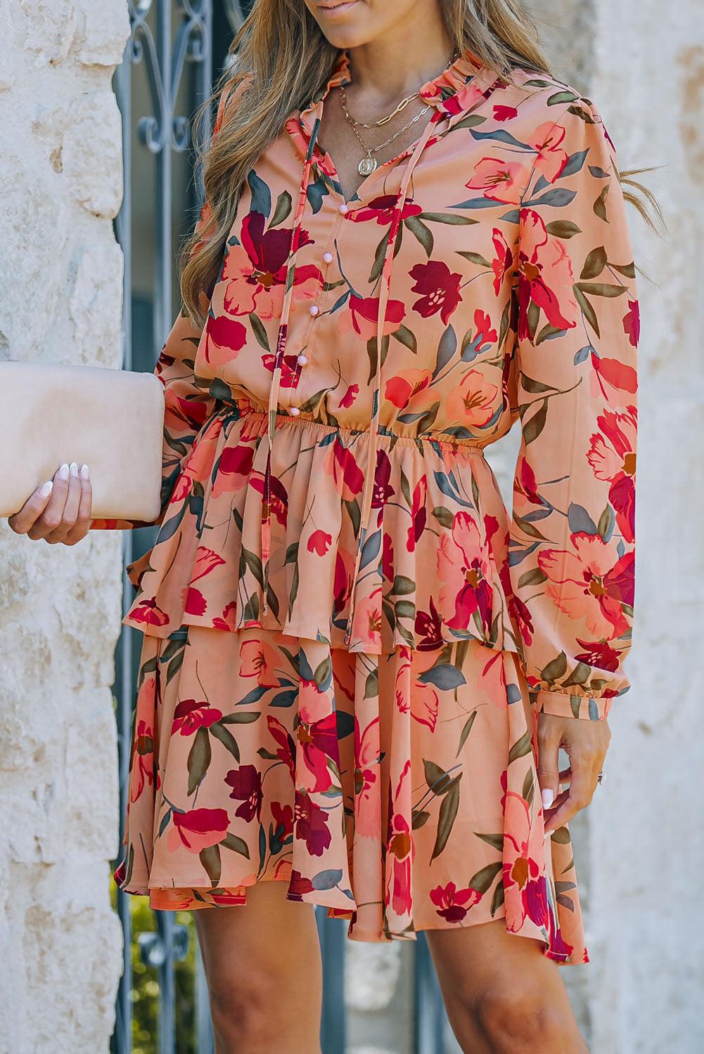 Long Sleeve Frilled Collar Floral Ruffle Dress Floral Dresses MyDresses Red 8 | S 