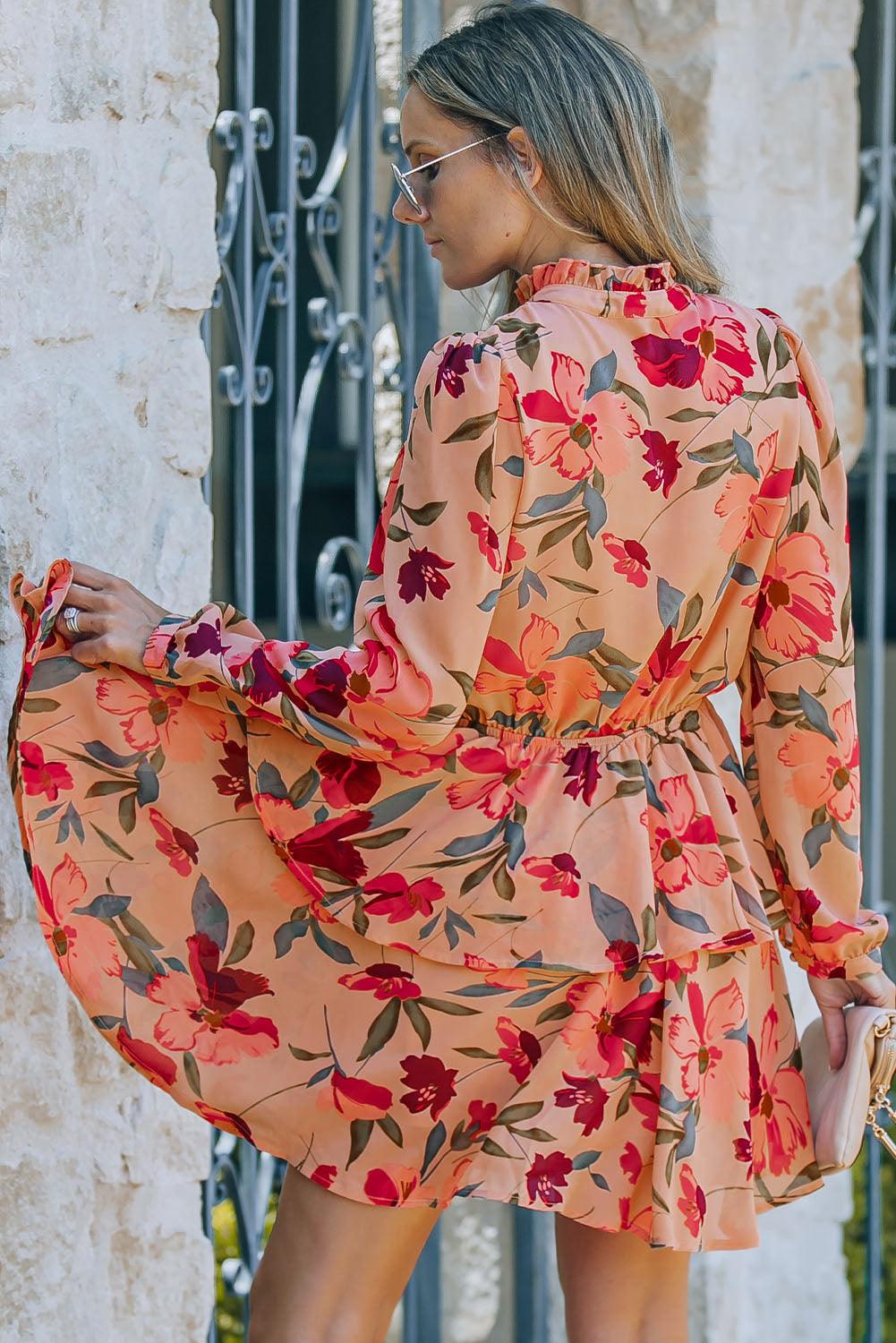 Long Sleeve Frilled Collar Floral Ruffle Dress Floral Dresses MyDresses 