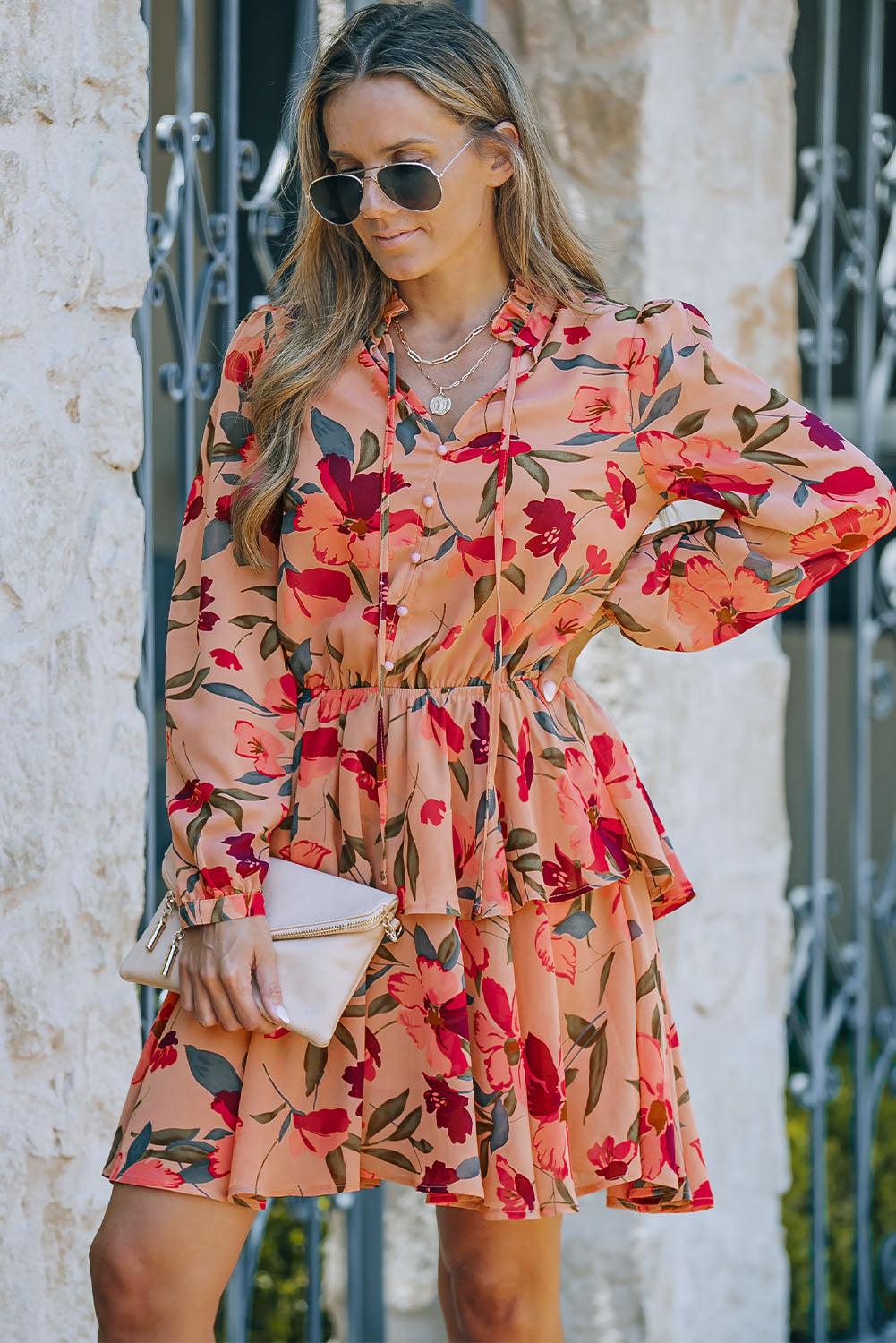 Long Sleeve Frilled Collar Floral Ruffle Dress Floral Dresses MyDresses 