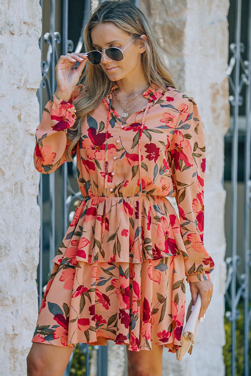 Long Sleeve Frilled Collar Floral Ruffle Dress Floral Dresses MyDresses 