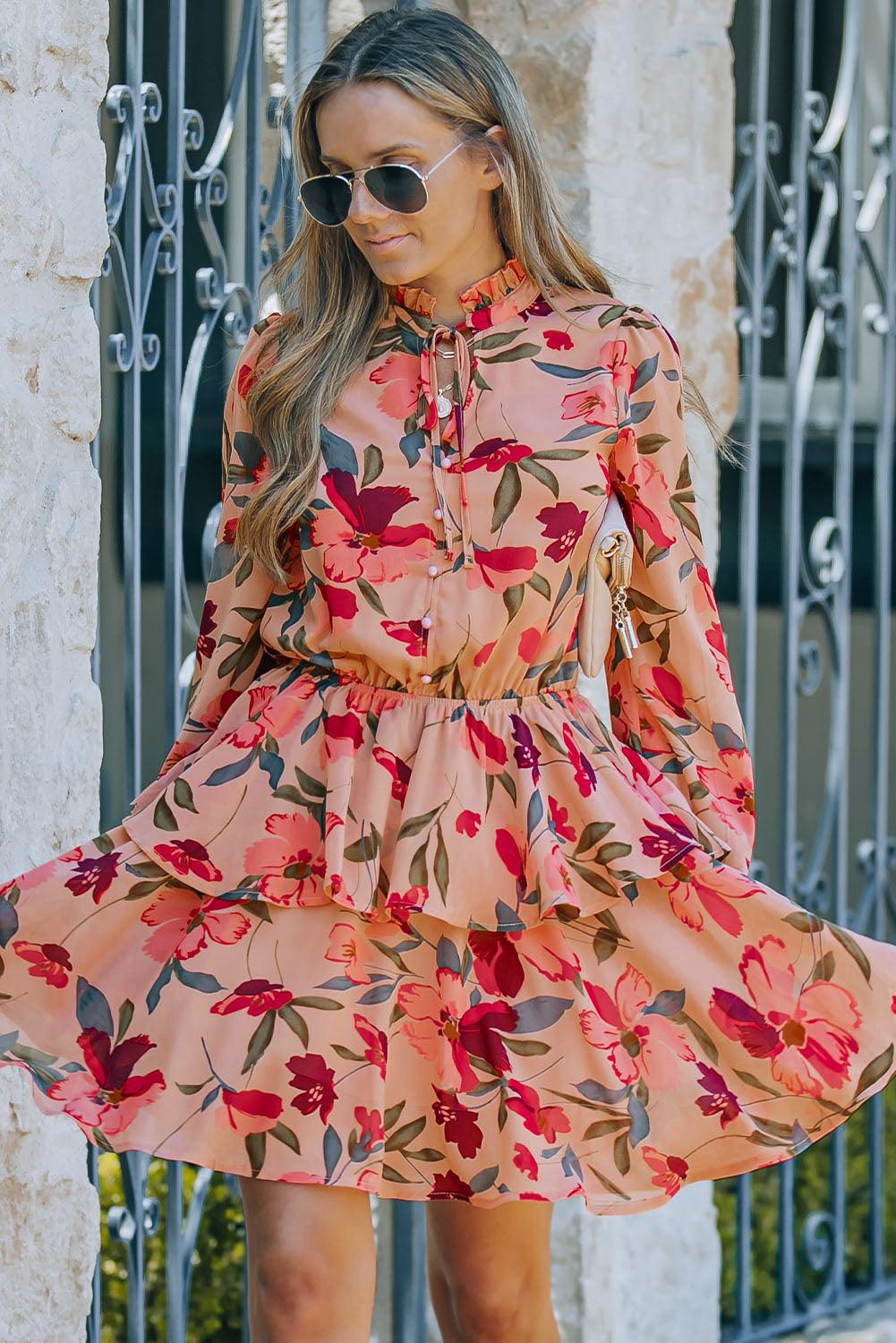 Long Sleeve Frilled Collar Floral Ruffle Dress Floral Dresses MyDresses 