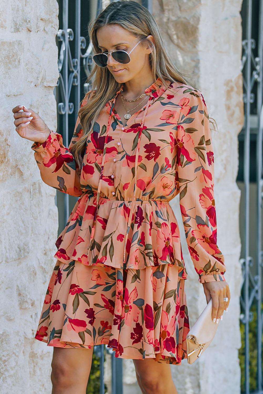 Long Sleeve Frilled Collar Floral Ruffle Dress Floral Dresses MyDresses 