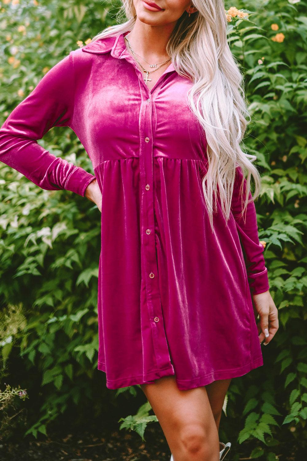 Long Sleeve Ruffle Velvet Button Dress Mini Dresses MyDresses Rose 8 | S 