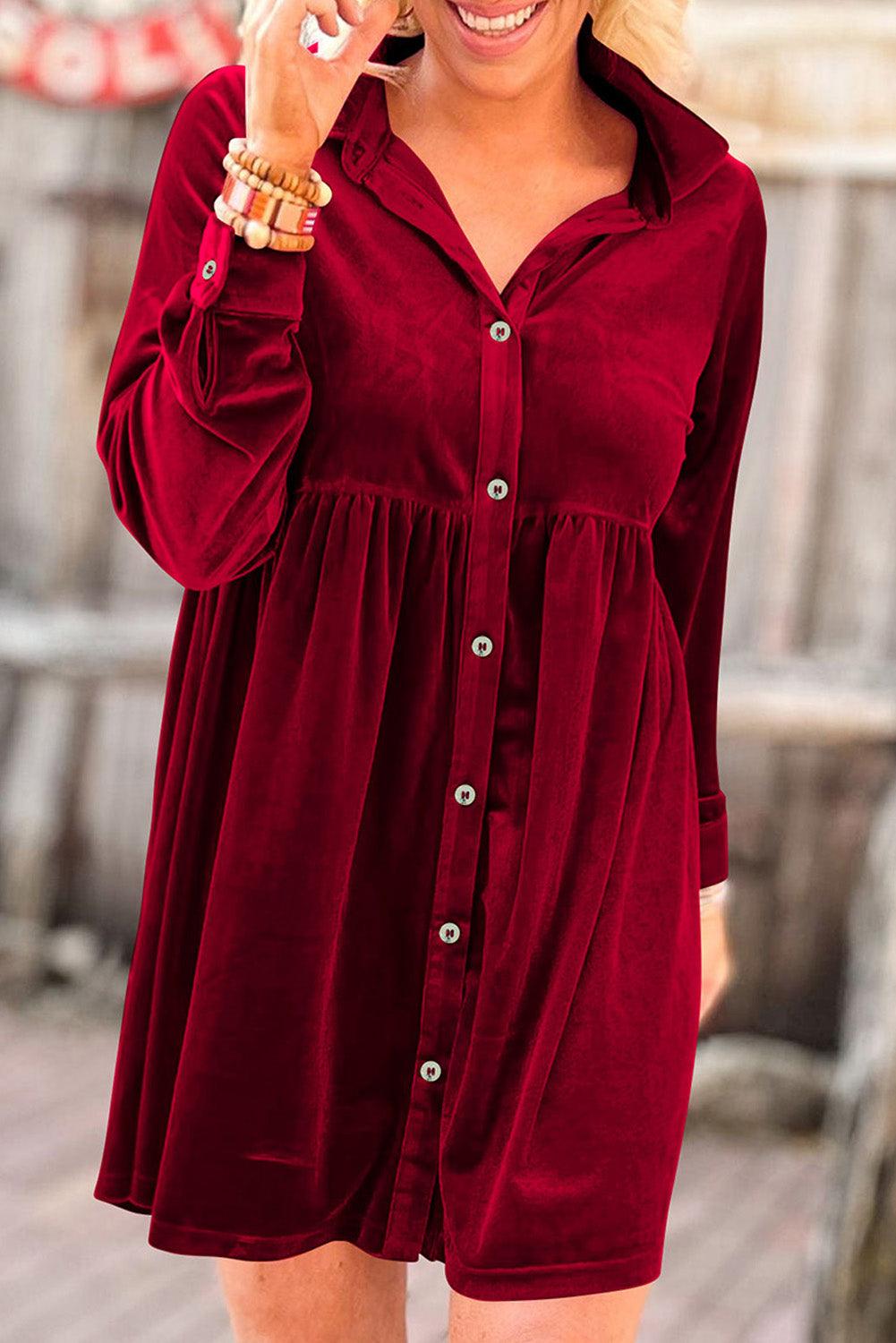 Long Sleeve Ruffle Velvet Button Dress Mini Dresses MyDresses Red 8 | S 