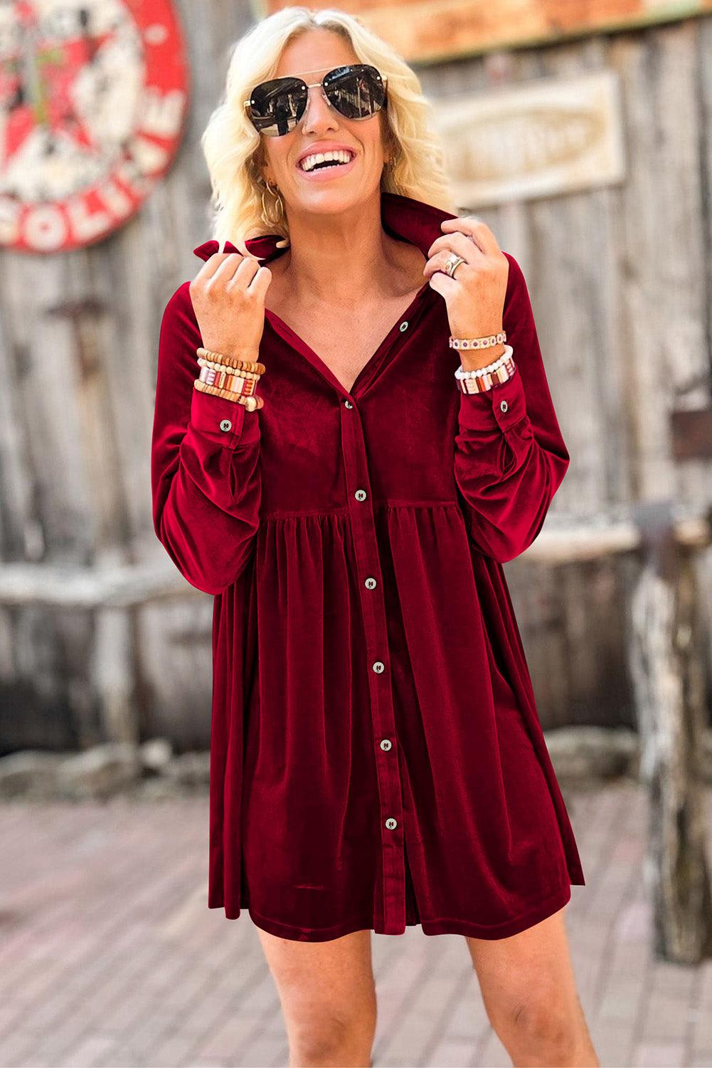 Long Sleeve Ruffle Velvet Button Dress Mini Dresses MyDresses 