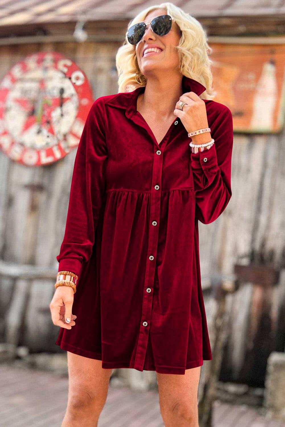 Long Sleeve Ruffle Velvet Button Dress Mini Dresses MyDresses 