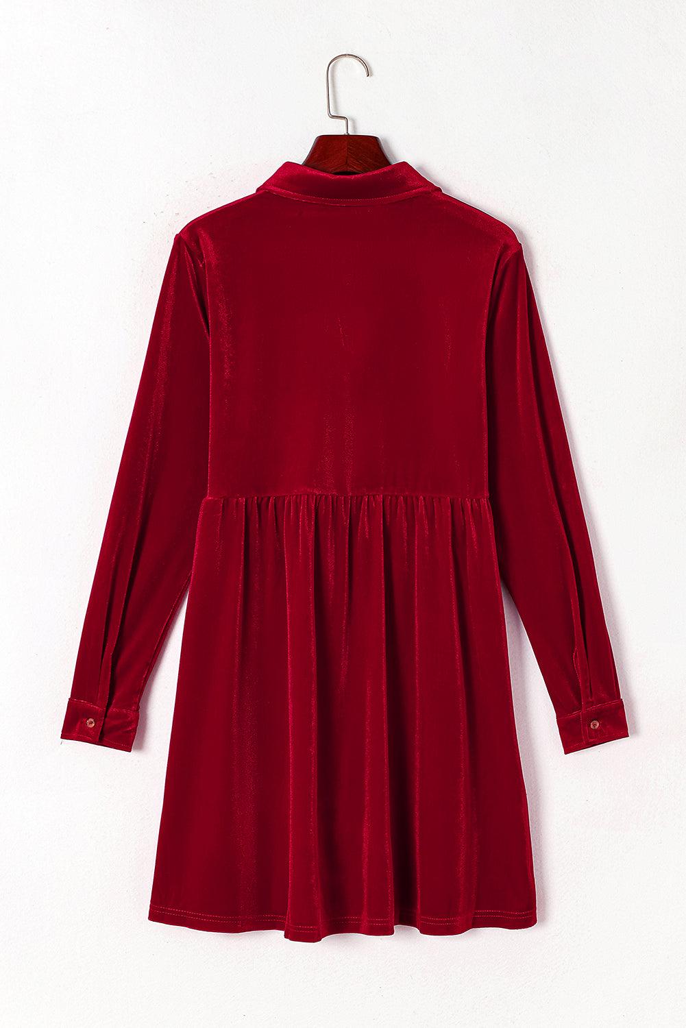Long Sleeve Ruffle Velvet Button Dress Mini Dresses MyDresses 