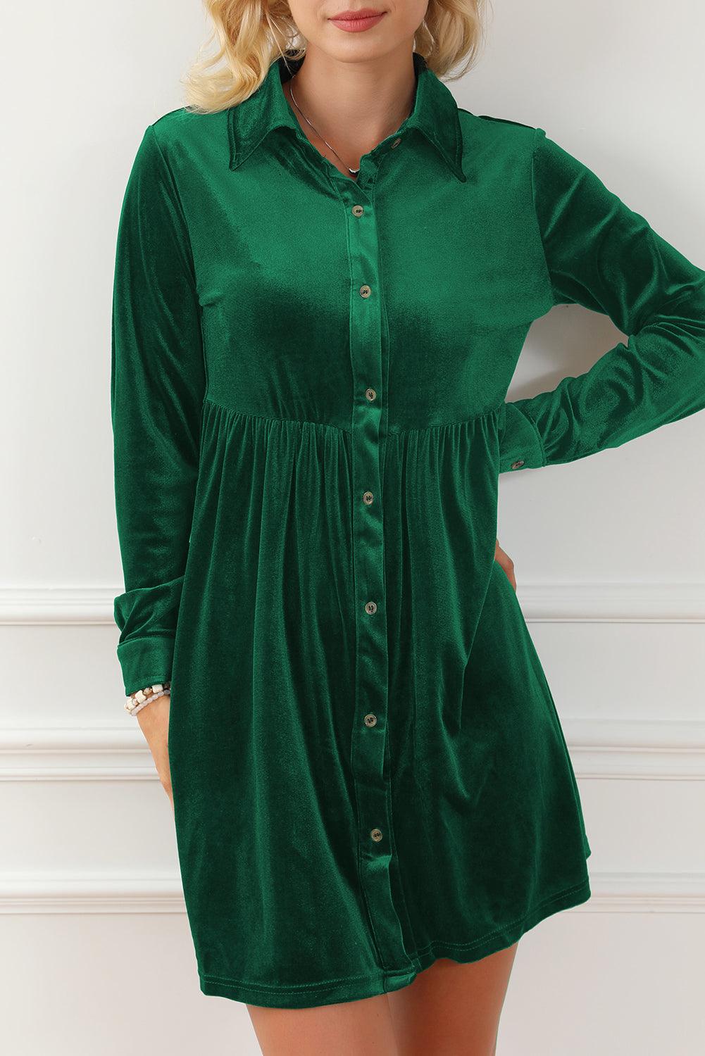 Long Sleeve Ruffle Velvet Button Dress Mini Dresses MyDresses Green 8 | S 