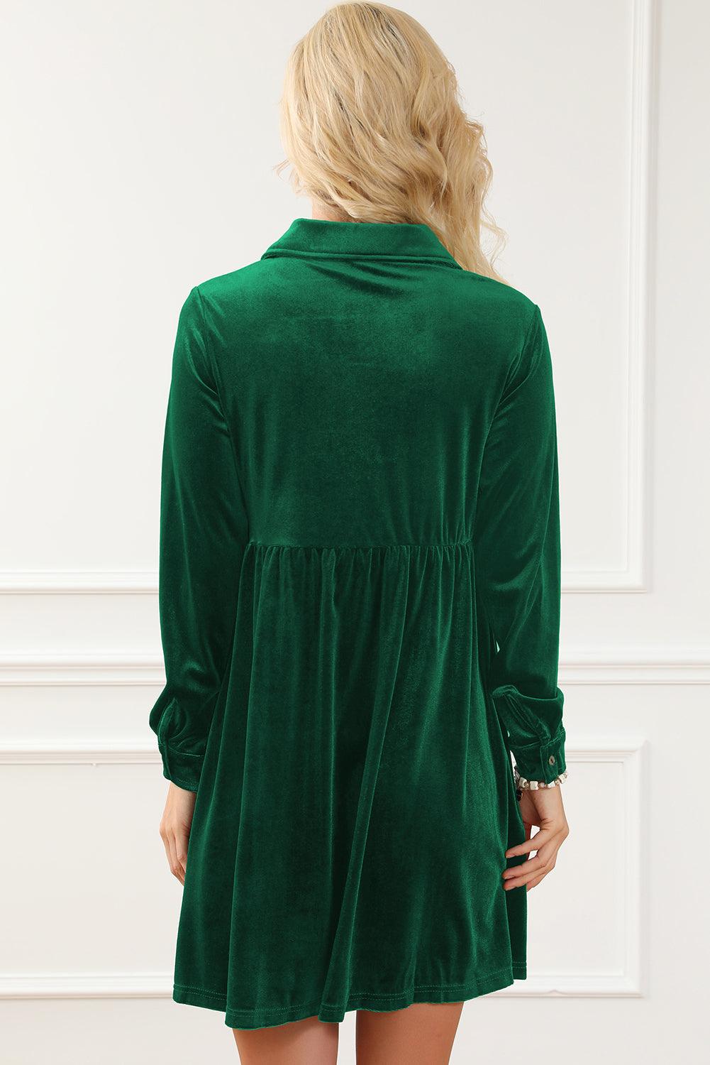 Long Sleeve Ruffle Velvet Button Dress Mini Dresses MyDresses 