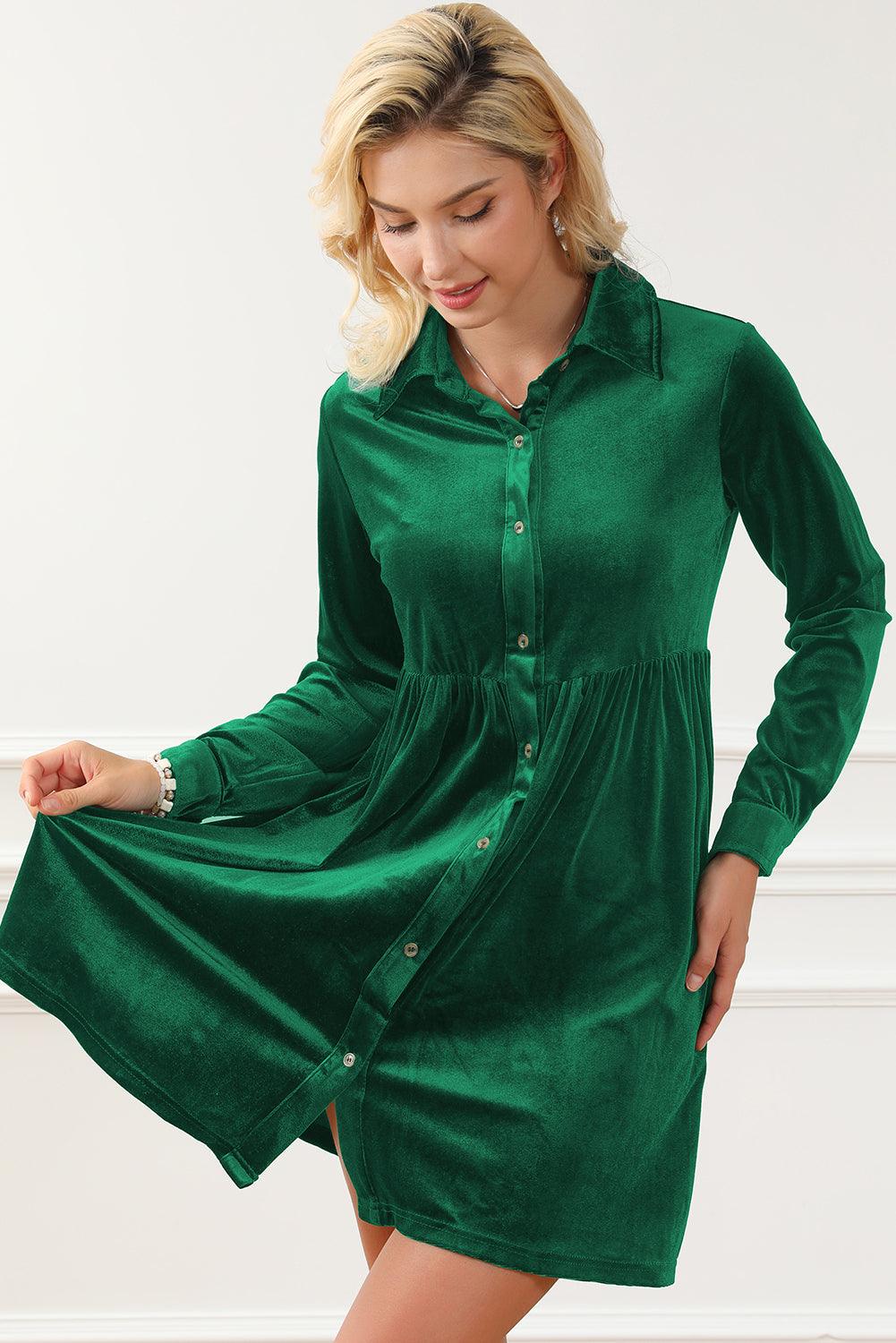 Long Sleeve Ruffle Velvet Button Dress Mini Dresses MyDresses 