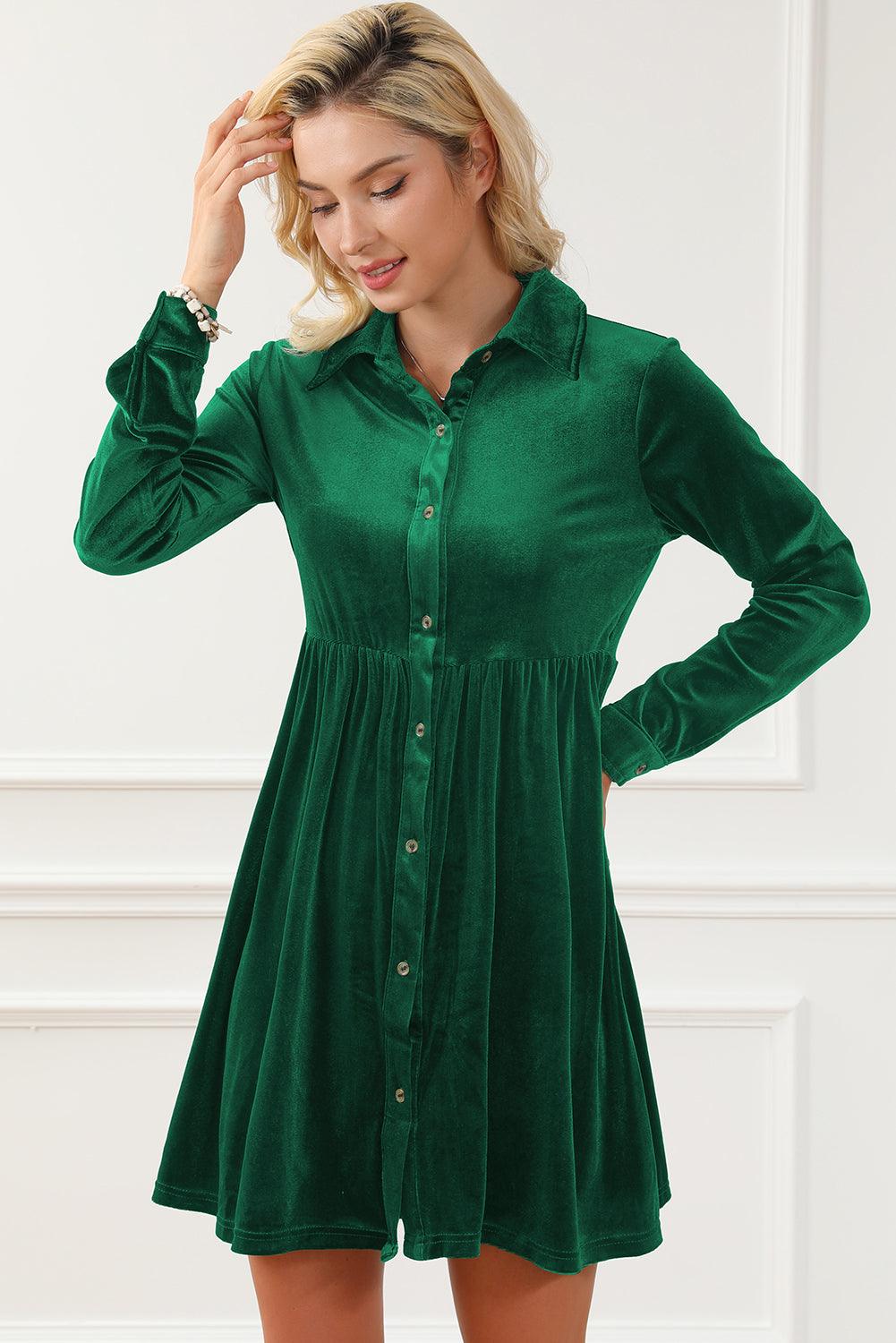 Long Sleeve Ruffle Velvet Button Dress Mini Dresses MyDresses 