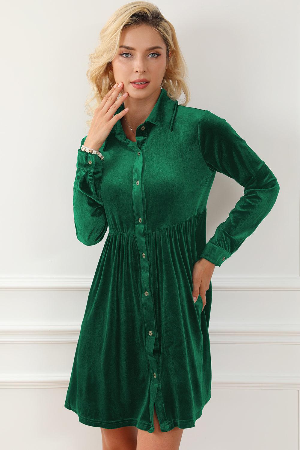 Long Sleeve Ruffle Velvet Button Dress Mini Dresses MyDresses 