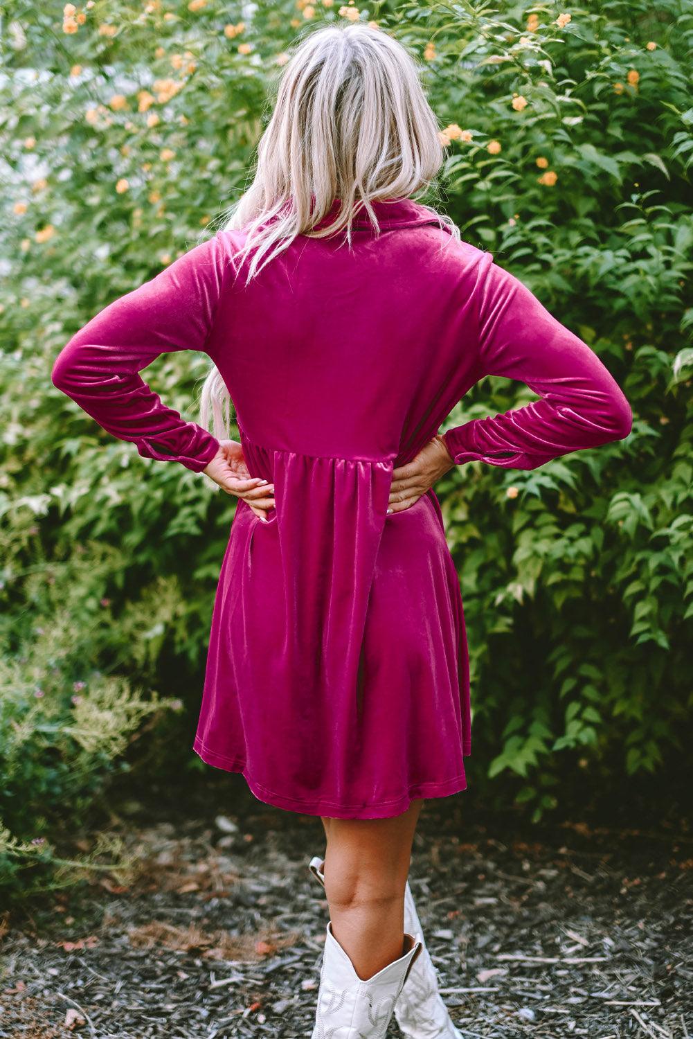 Long Sleeve Ruffle Velvet Button Dress Mini Dresses MyDresses 