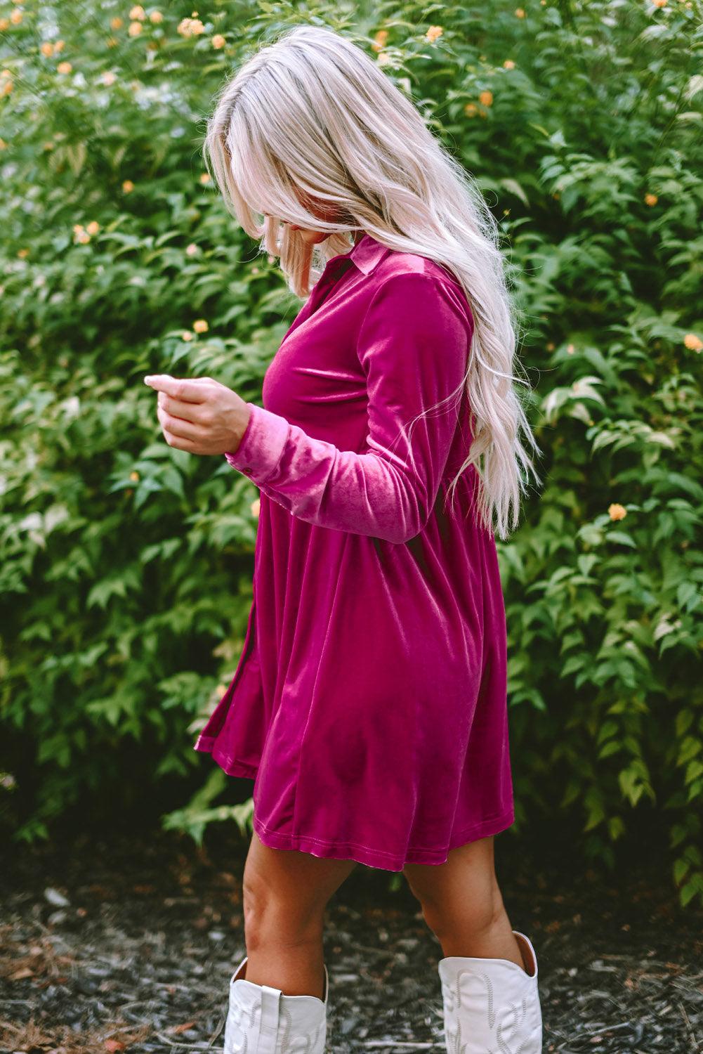 Long Sleeve Ruffle Velvet Button Dress Mini Dresses MyDresses 