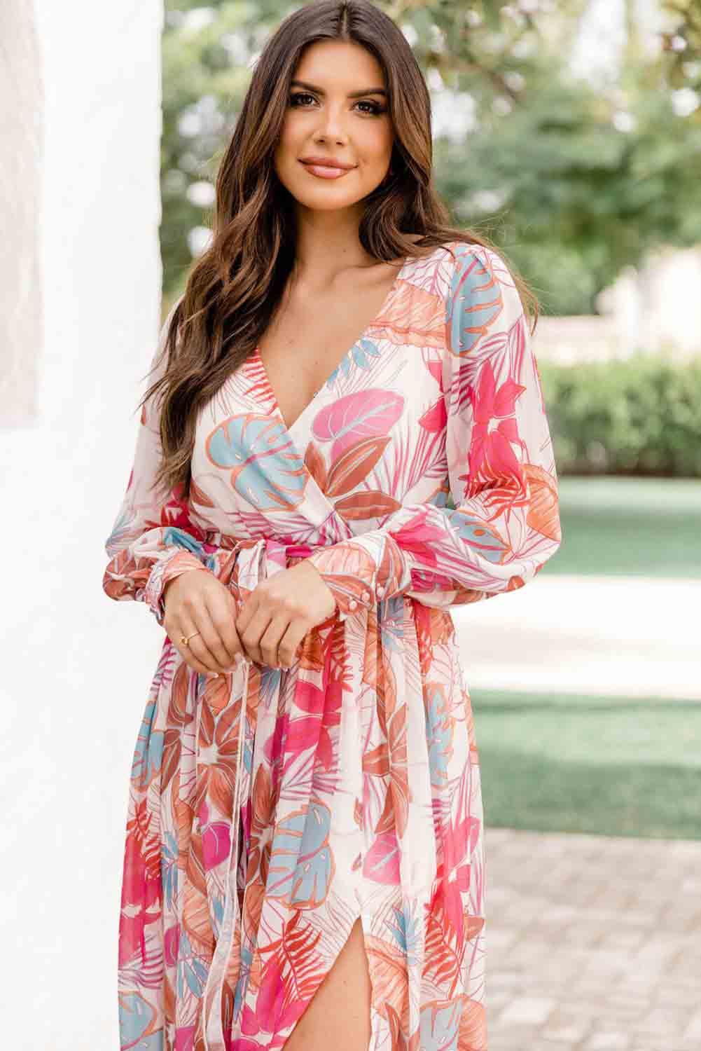 Long Sleeve Wrap V-Neck Maxi Dress with Slit Maxi Dresses MyDresses 