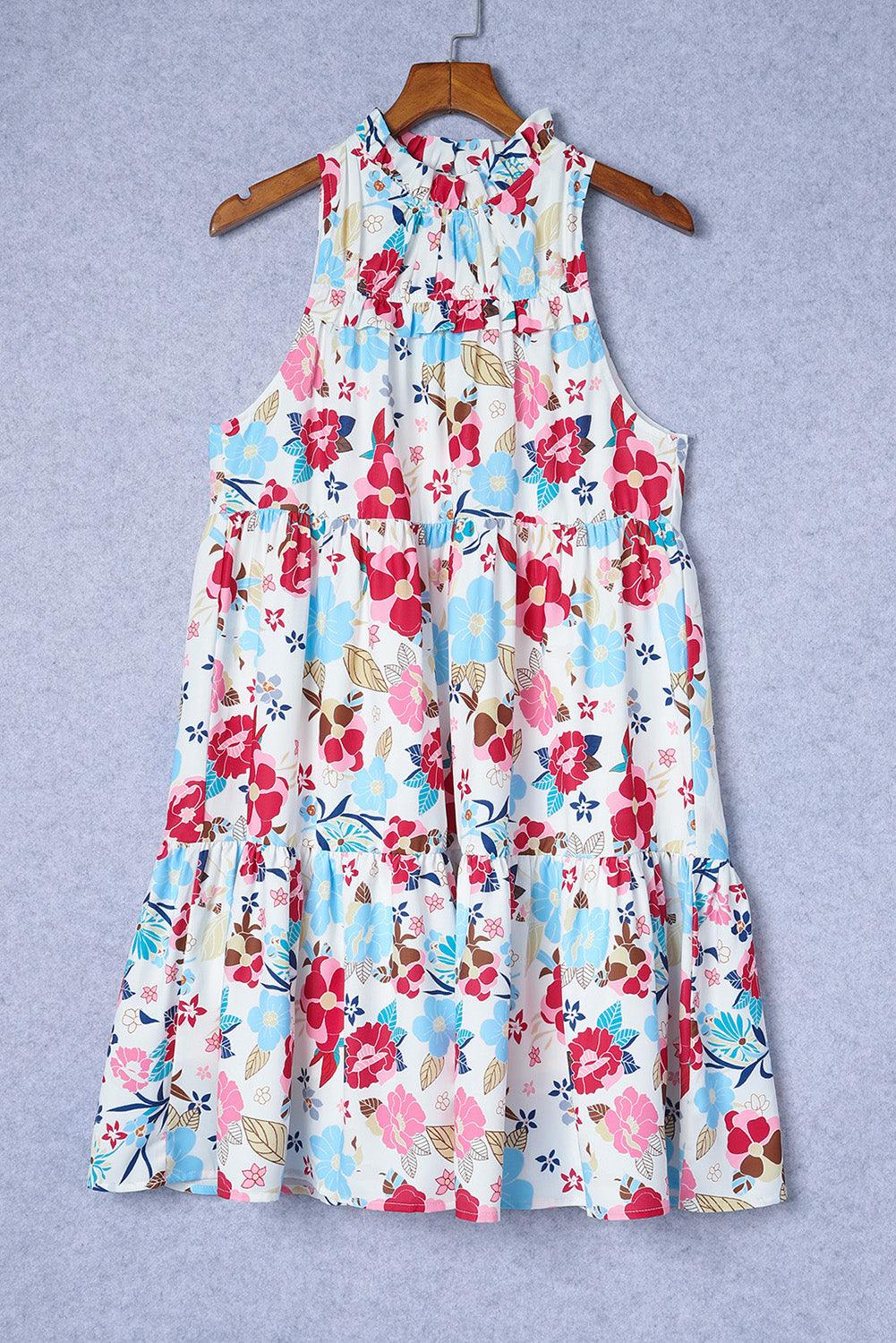 Mock Neck Frill Sleeveless Tiered Floral Dress Floral Dresses MyDresses 