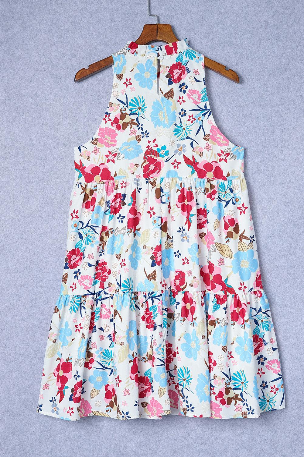Mock Neck Frill Sleeveless Tiered Floral Dress Floral Dresses MyDresses 