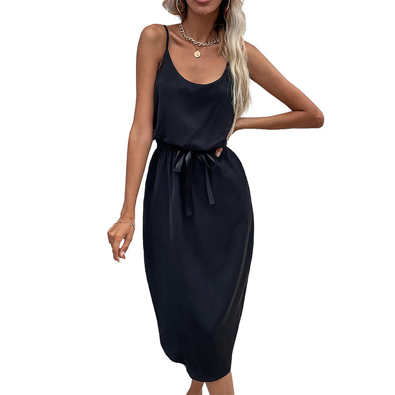 Spaghetti Strap Midi Dress with Belted Waist and Scoop Neckline Group2 MyDresses Black 8 | S