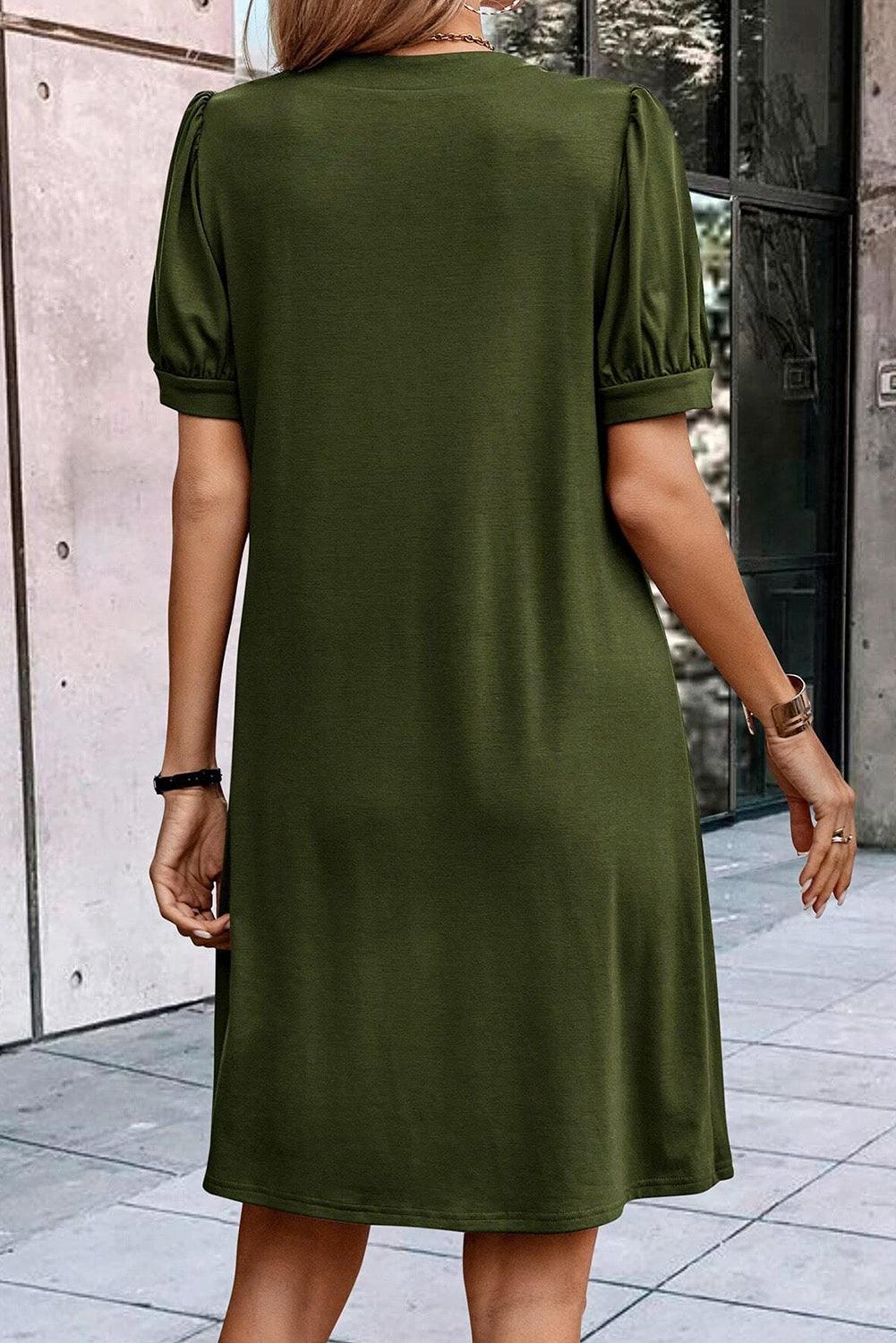 Notched Neck Pleated Puff Sleeve Shift Dress T Shirt Dresses MyDresses 