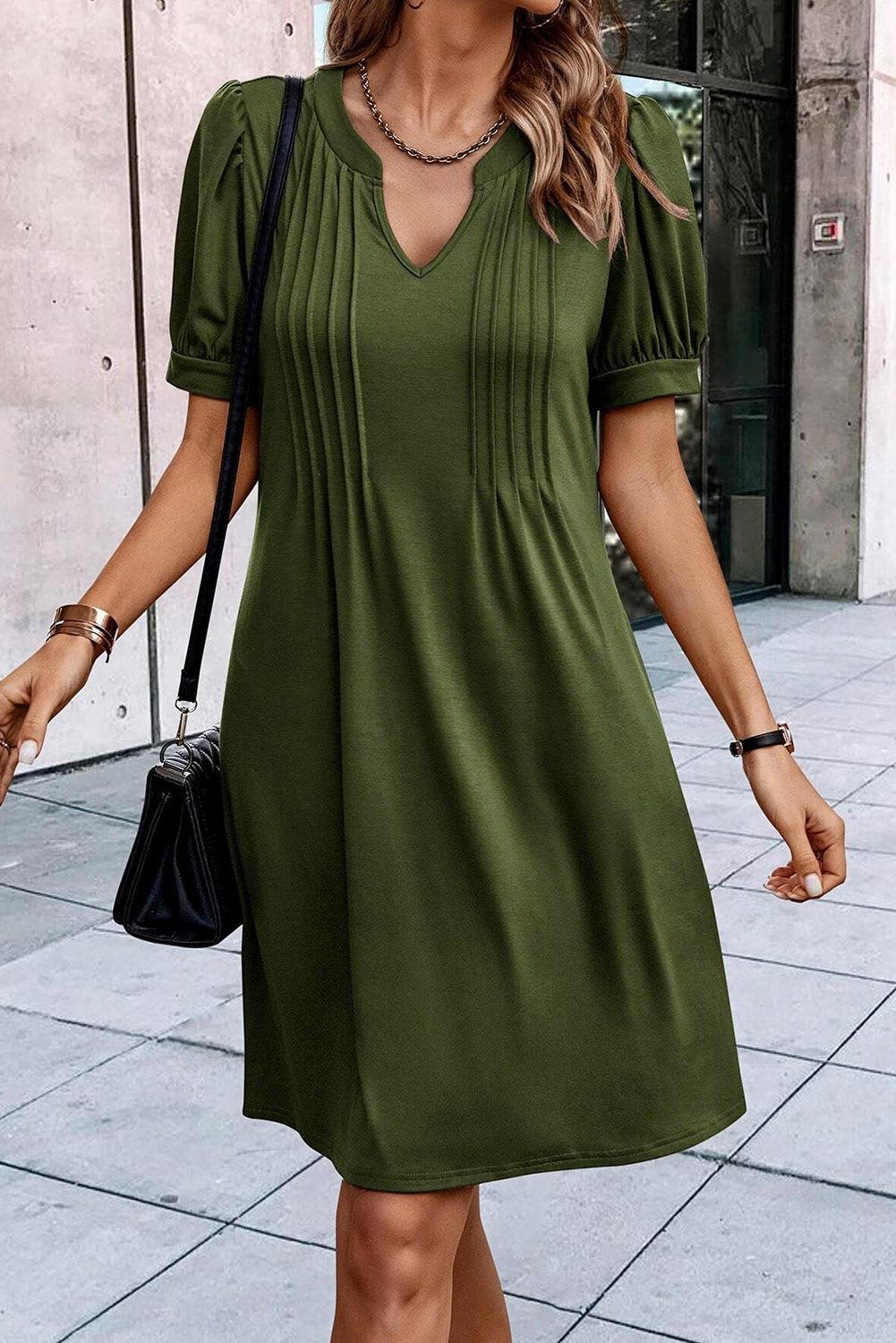 Notched Neck Pleated Puff Sleeve Shift Dress T Shirt Dresses MyDresses 