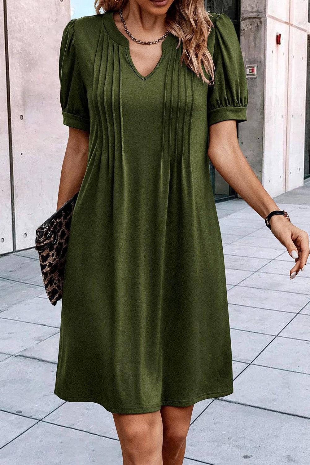 Notched Neck Pleated Puff Sleeve Shift Dress T Shirt Dresses MyDresses 