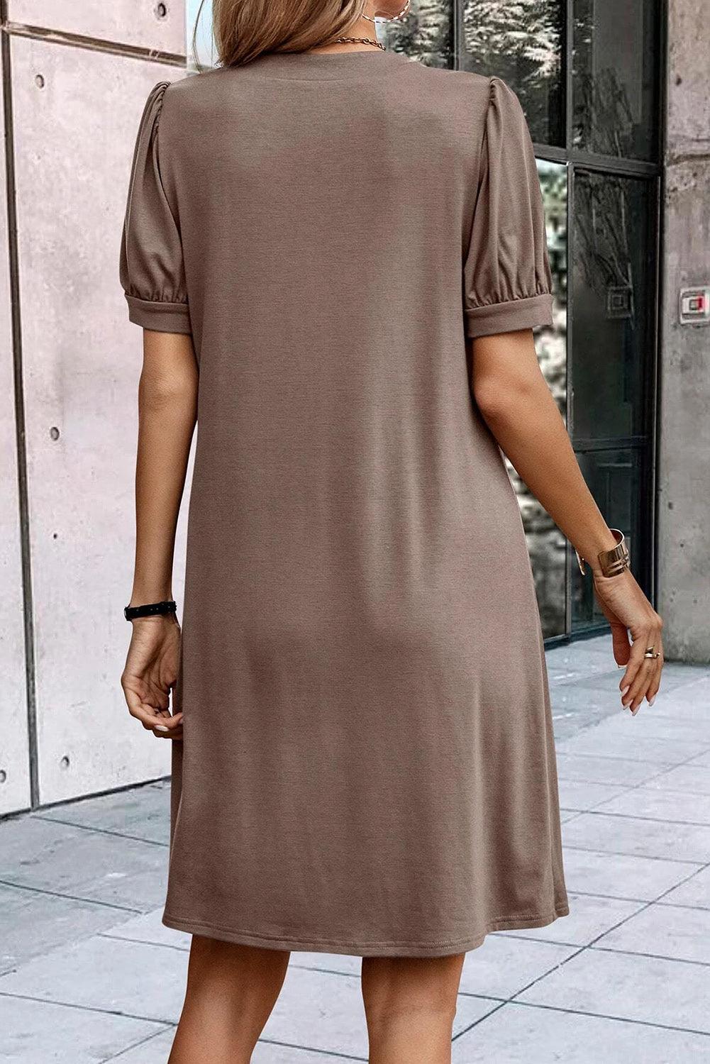 Notched Neck Pleated Puff Sleeve Shift Dress T Shirt Dresses MyDresses 
