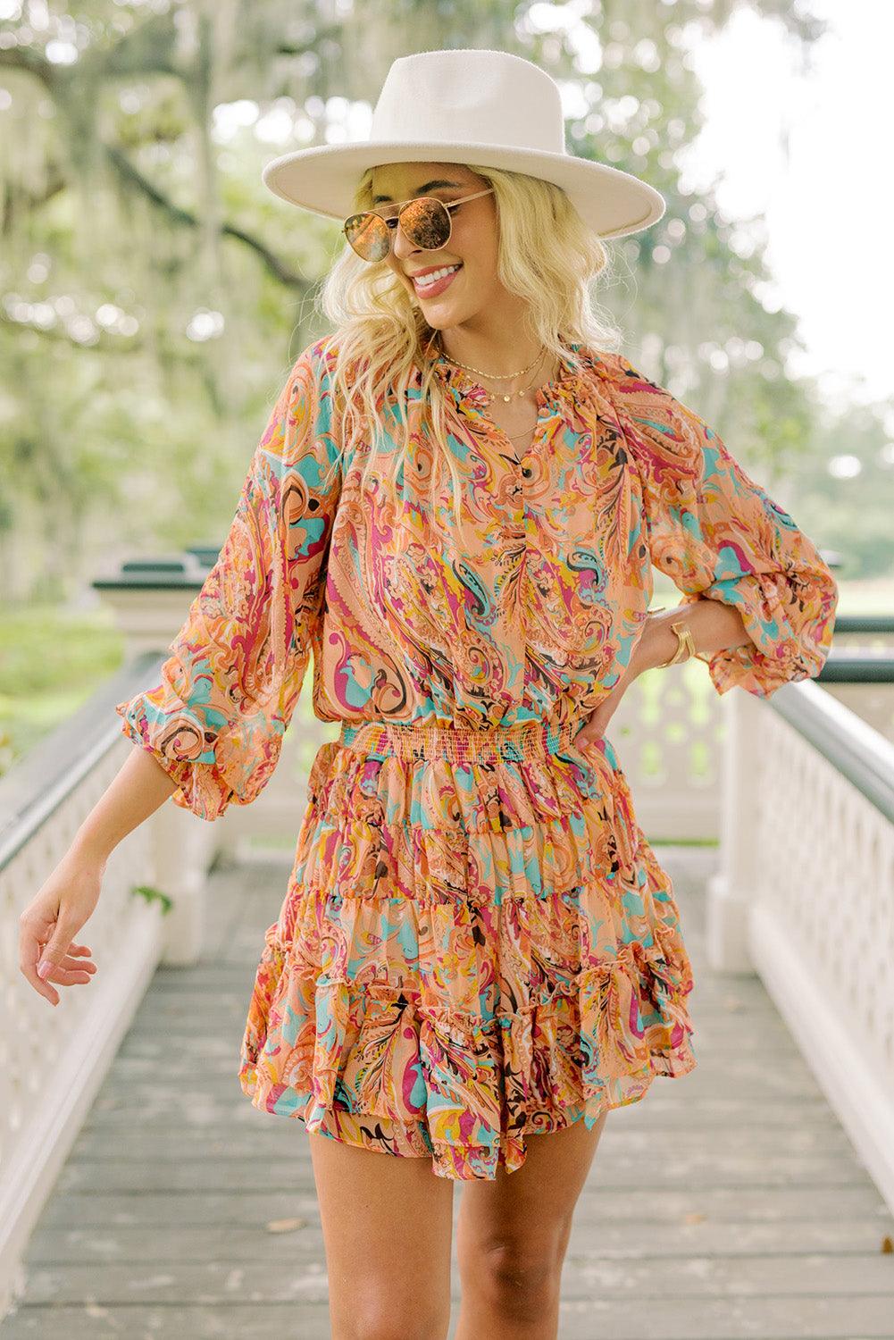 Paisley Print Frill Detail Mini Dress Mini Dresses MyDresses 