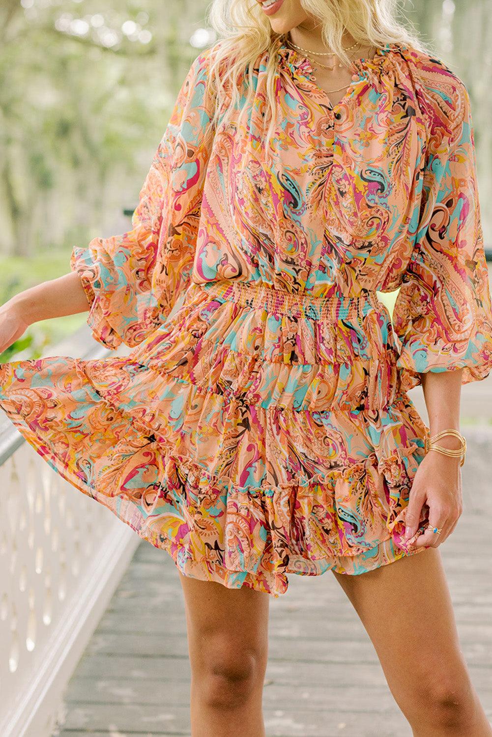 Paisley Print Frill Detail Mini Dress Mini Dresses MyDresses Multicolour 8 | S 