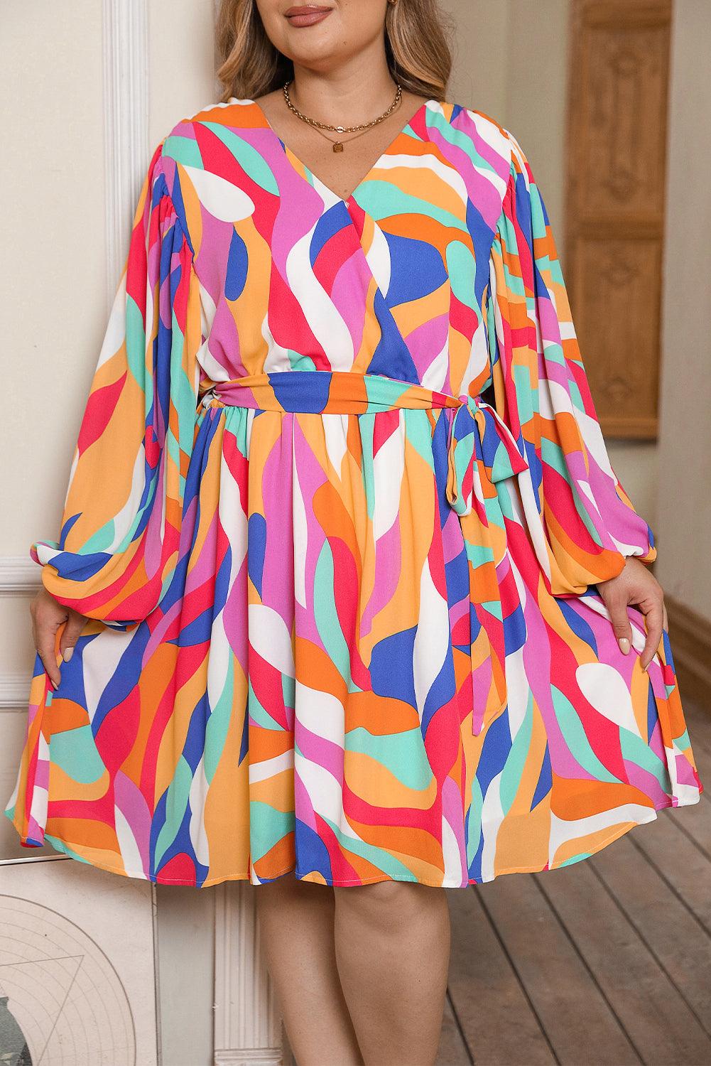 Plus Size Abstract Print Belted Dress with Oversized Sleeves Plus Size Mini Dresses MyDresses Multicolour 18-20 | 1X 
