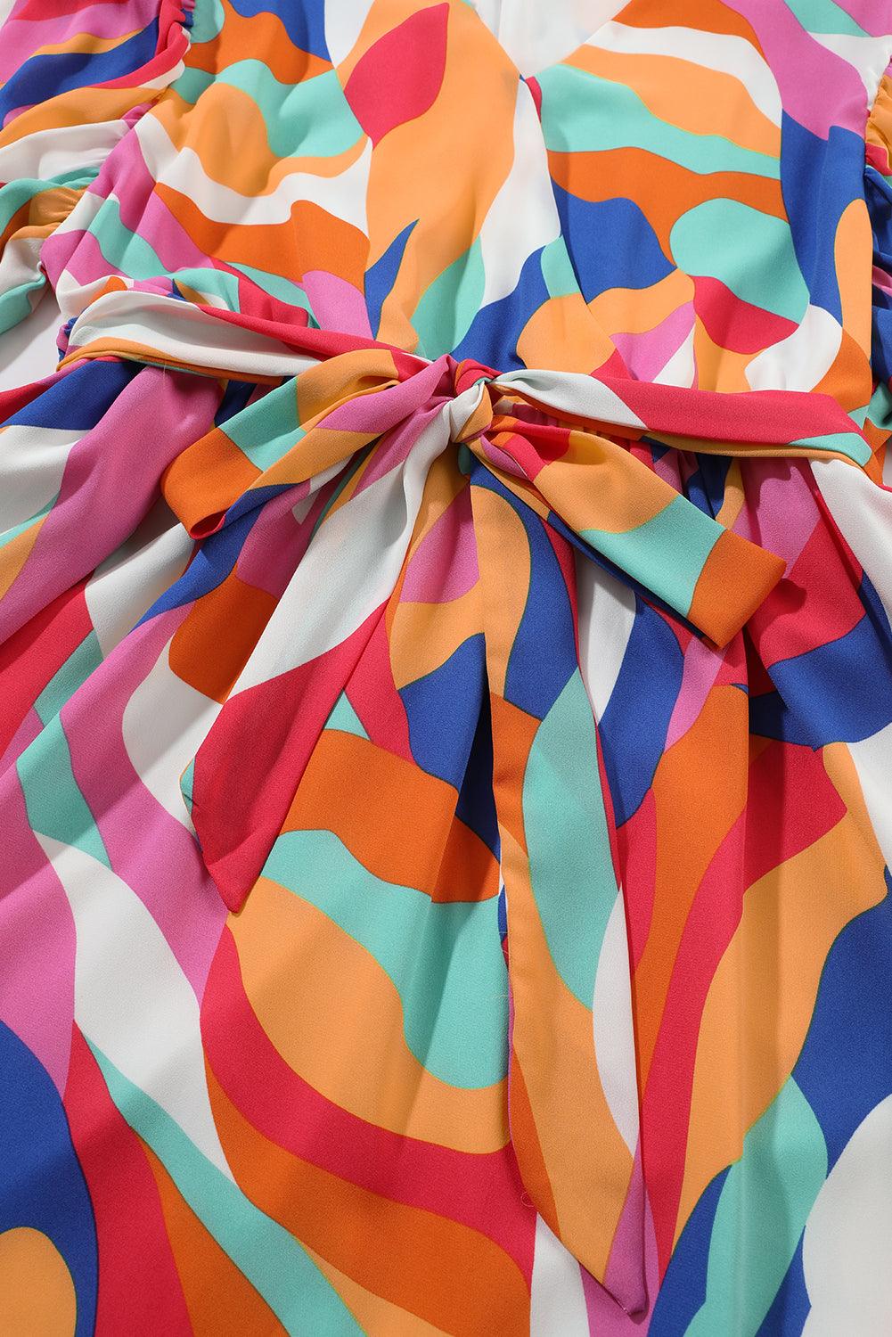 Plus Size Abstract Print Belted Dress with Oversized Sleeves Plus Size Mini Dresses MyDresses 