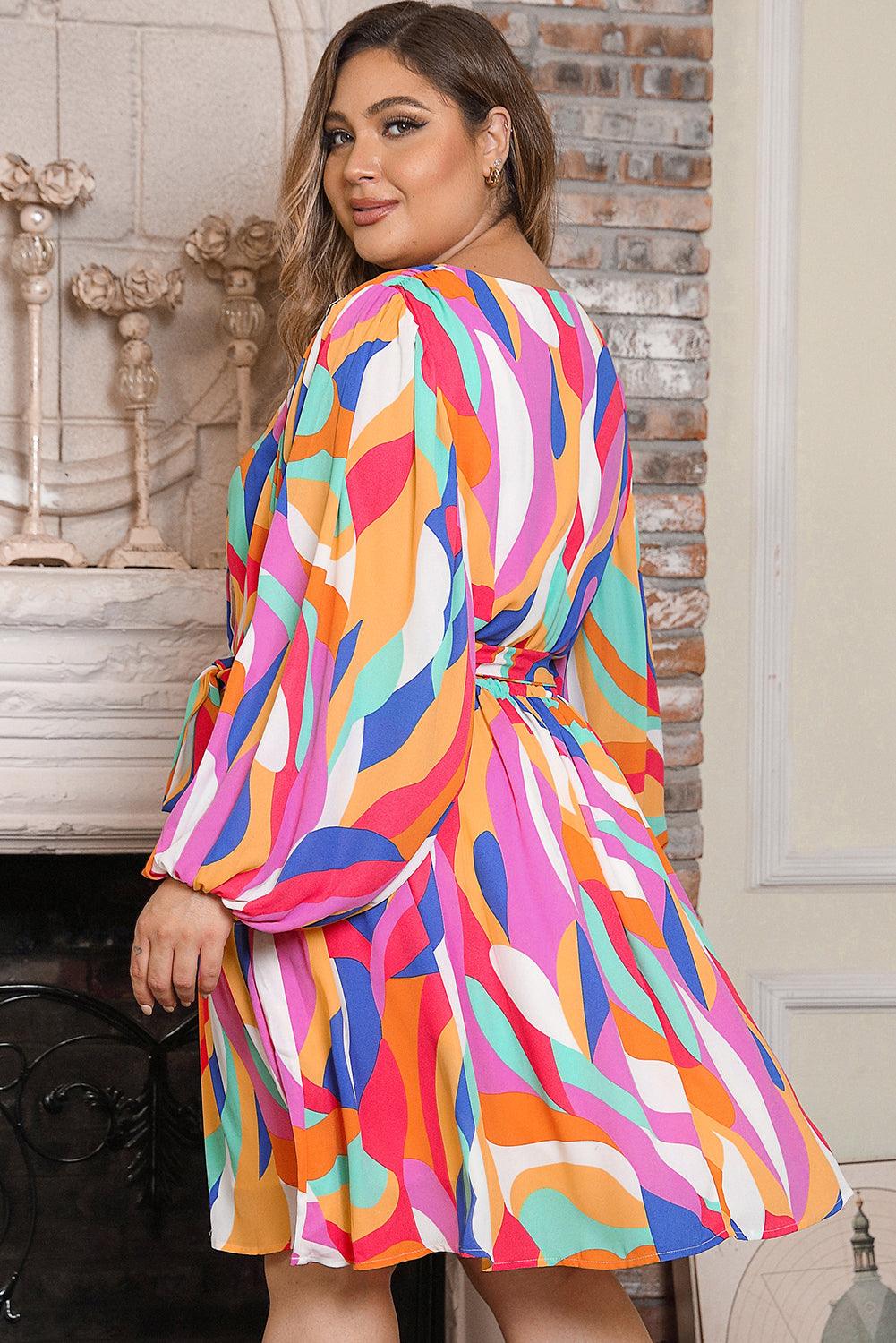 Plus Size Abstract Print Belted Dress with Oversized Sleeves Plus Size Mini Dresses MyDresses 