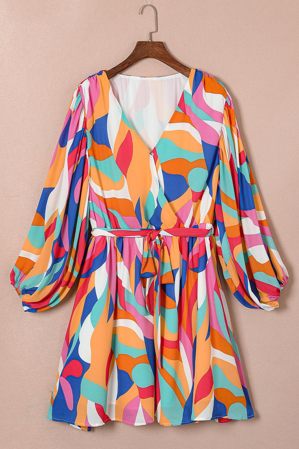 Plus Size Abstract Print Belted Dress with Oversized Sleeves Plus Size Mini Dresses MyDresses 
