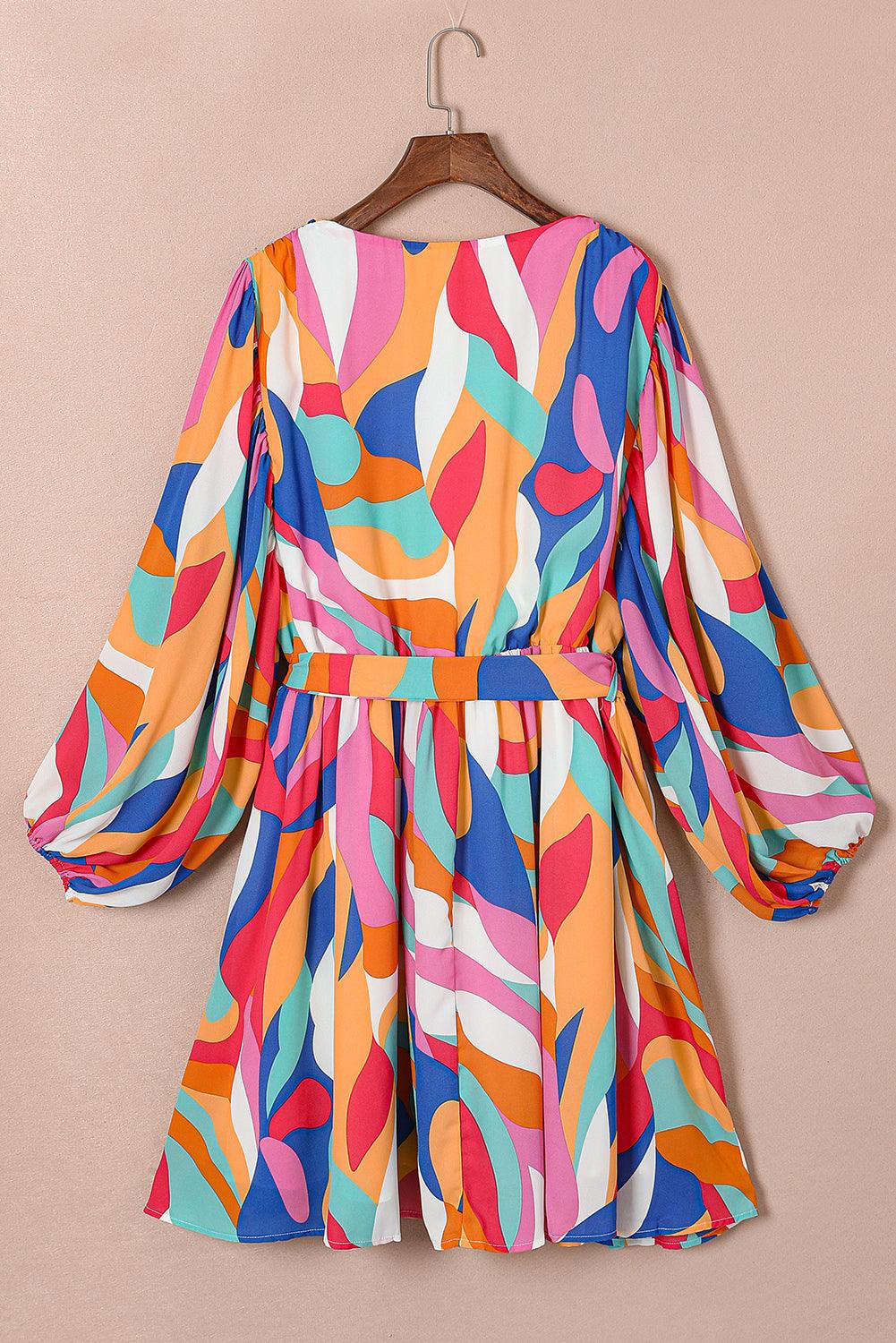 Plus Size Abstract Print Belted Dress with Oversized Sleeves Plus Size Mini Dresses MyDresses 