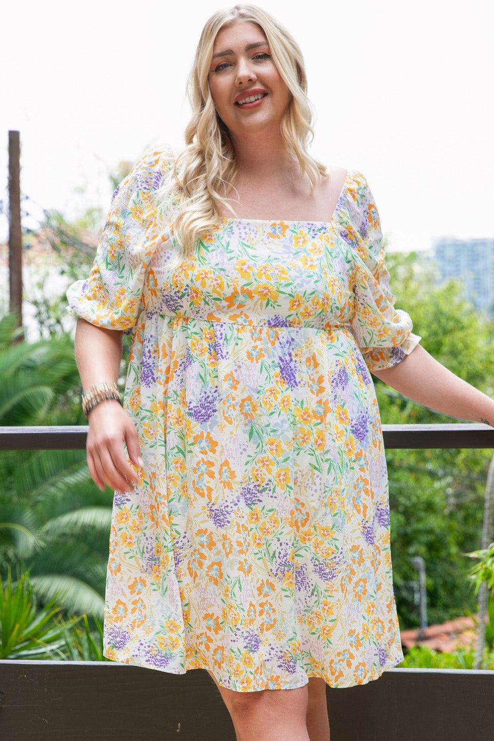 Plus Size Floral Ruffle Sleeve Babydoll Dress Plus Size Mini Dresses MyDresses 