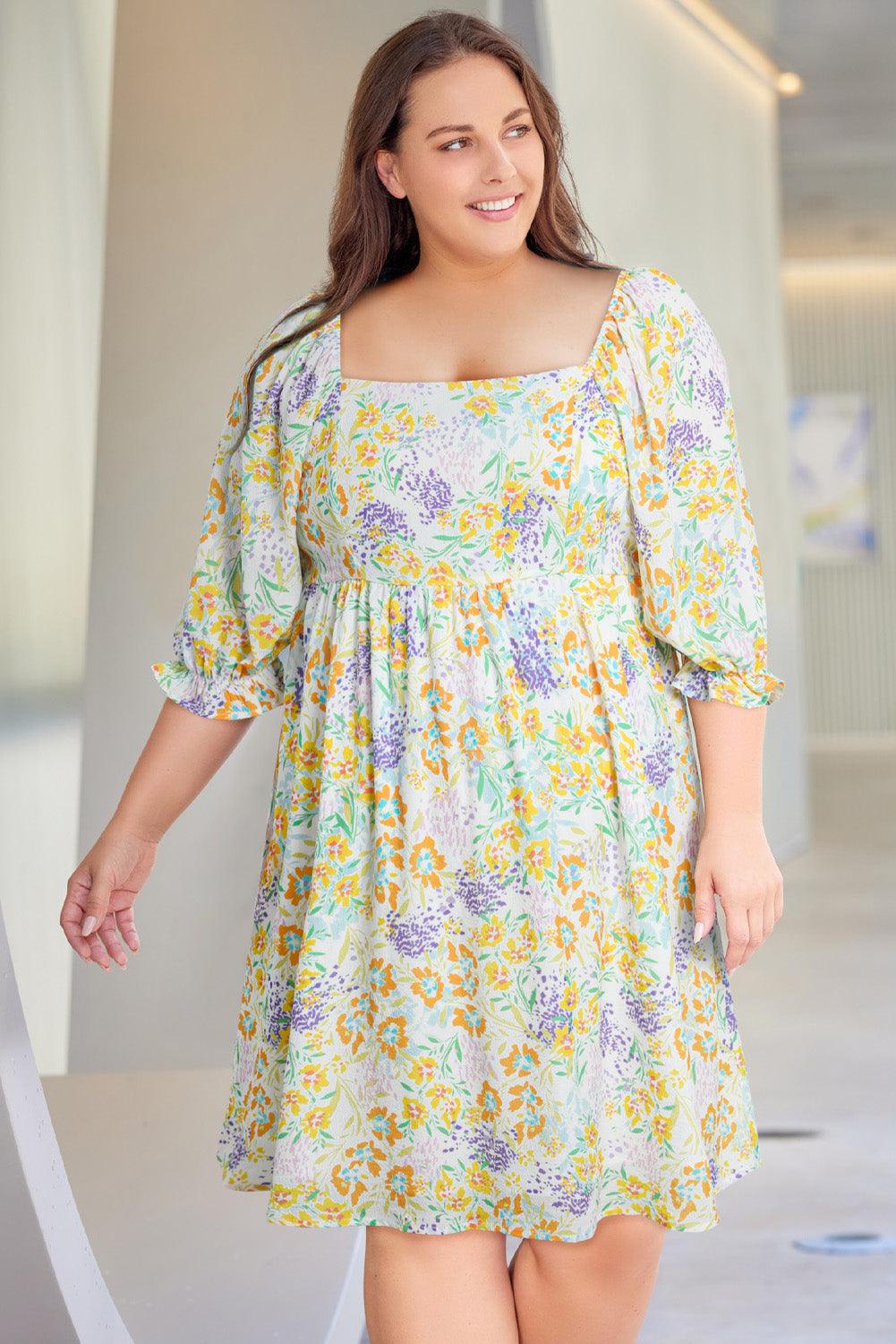 Plus Size Floral Ruffle Sleeve Babydoll Dress Plus Size Mini Dresses MyDresses 